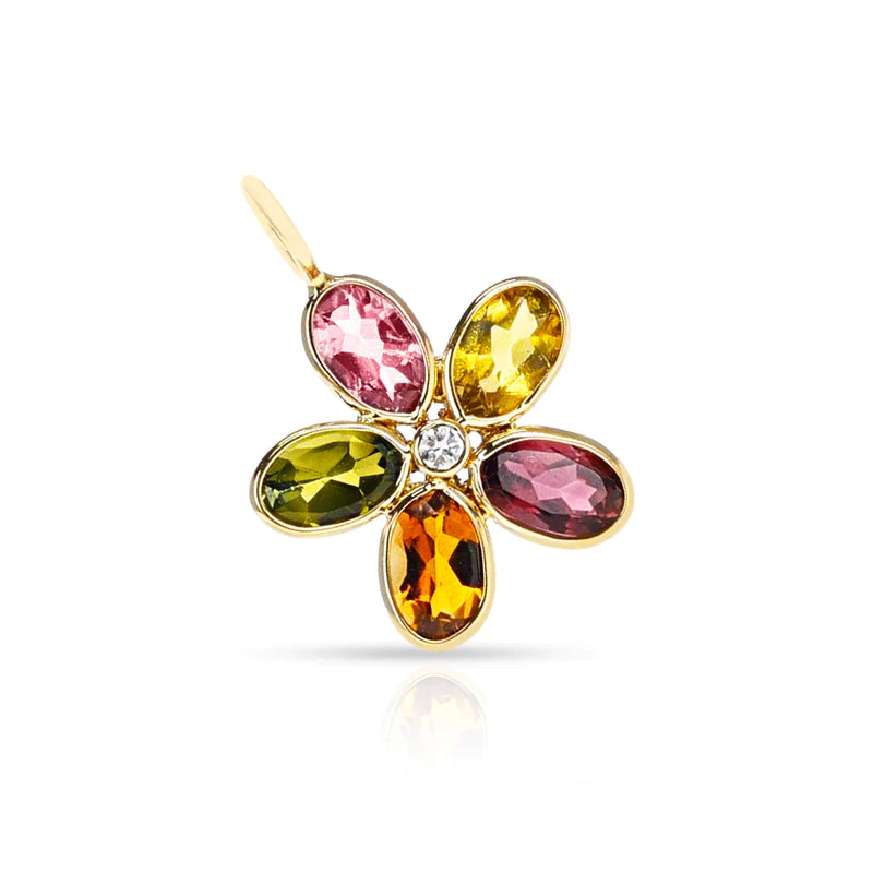 Gemstone Floral Pendant with Diamond, 18K Yellow Gold