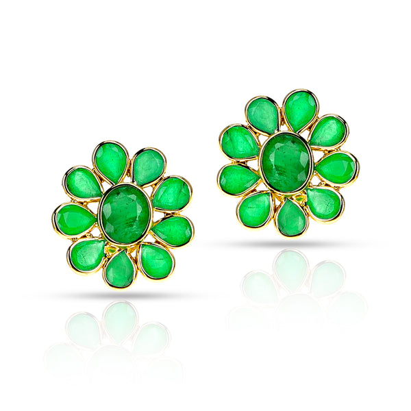 Emerald Oval and Pear Floral Earrings, 18K Yellow Gold