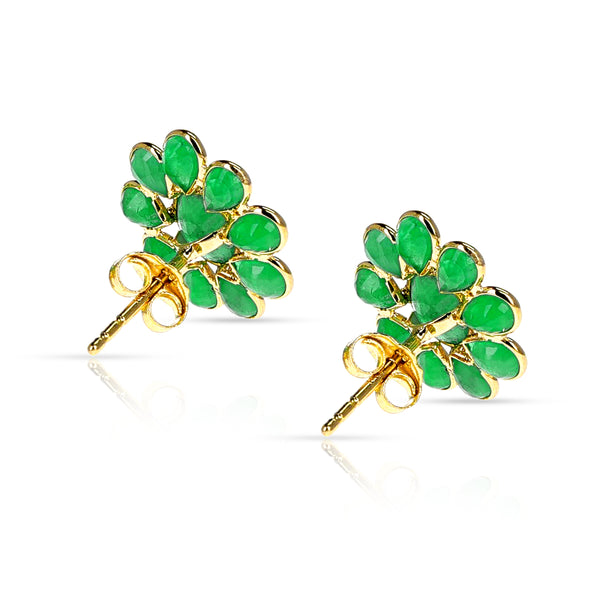 Emerald Oval and Pear Floral Earrings, 18K Yellow Gold