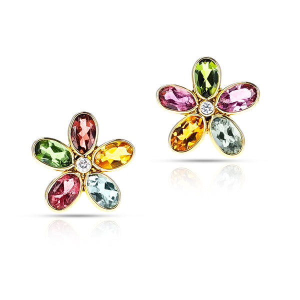 Oval Multi-Tourmaline Floral Earrings with Diamonds, 18k Yellow Gold