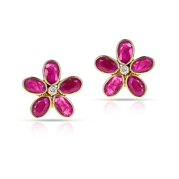 Oval Ruby Floral Earrings with Diamond, 18k Yellow Gold