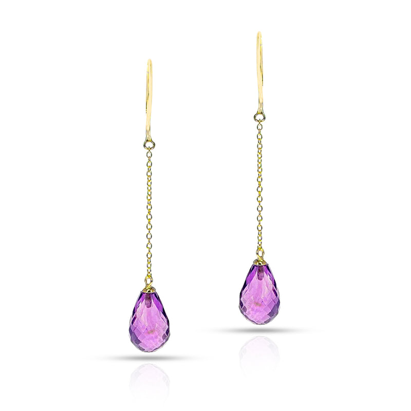 Amethyst Briolette Drop Dangling Earrings, 18 Karat Yellow Gold