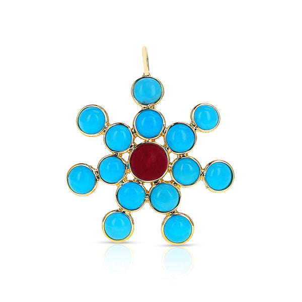 Large Turquoise Tourmaline Floral Pendant, 18K Yellow Gold