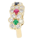 Van Cleef and Arpels Tri-Floral Emerald, Ruby, Sapphire and Diamond Ring, 18K, Original Box and Papers