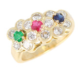 Van Cleef and Arpels Tri-Floral Emerald, Ruby, Sapphire and Diamond Ring, 18K, Original Box and Papers