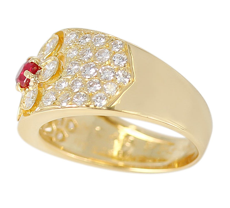 Van Cleef & Arpels Floral Ruby and Diamond Ring, 18K Yellow Gold, with Original VCA Box