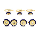 Italy Stamped Lapis and Gold Dress Shirt Pins and Cufflink Set, 18K Yellow Gold