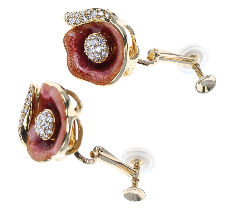Fabergé Floral Enamel and Diamond Earrings, 18 Karat Yellow Gold