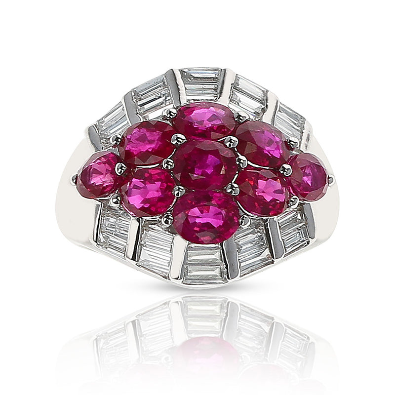 Nine Oval Ruby and Diamond Baguette Estate Cluster Ring, Platinum