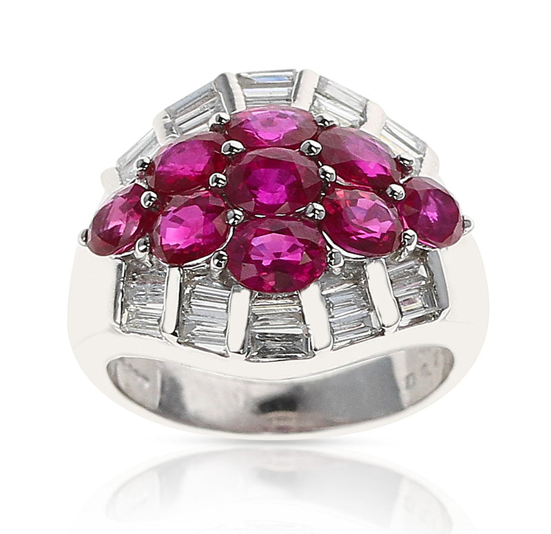 Nine Oval Ruby and Diamond Baguette Estate Cluster Ring, Platinum