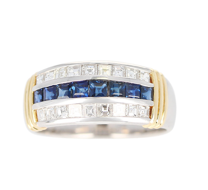 Mystery Set Sapphire and Diamond Band with Two 18K Yellow Gold Linings, Platinum