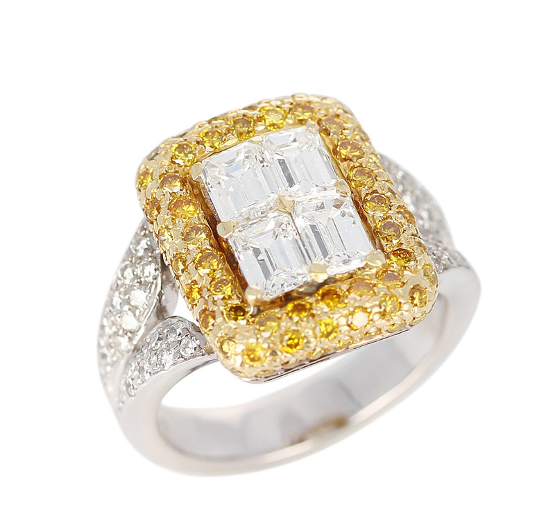 Emerald-Cut Diamond Engagement Ring with Pave Yellow Diamonds and White Diamonds, 18K Gold