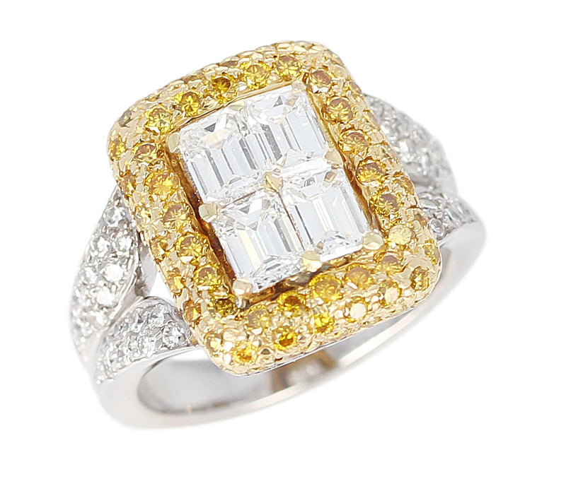 Emerald-Cut Diamond Engagement Ring with Pave Yellow Diamonds and White Diamonds, 18K Gold