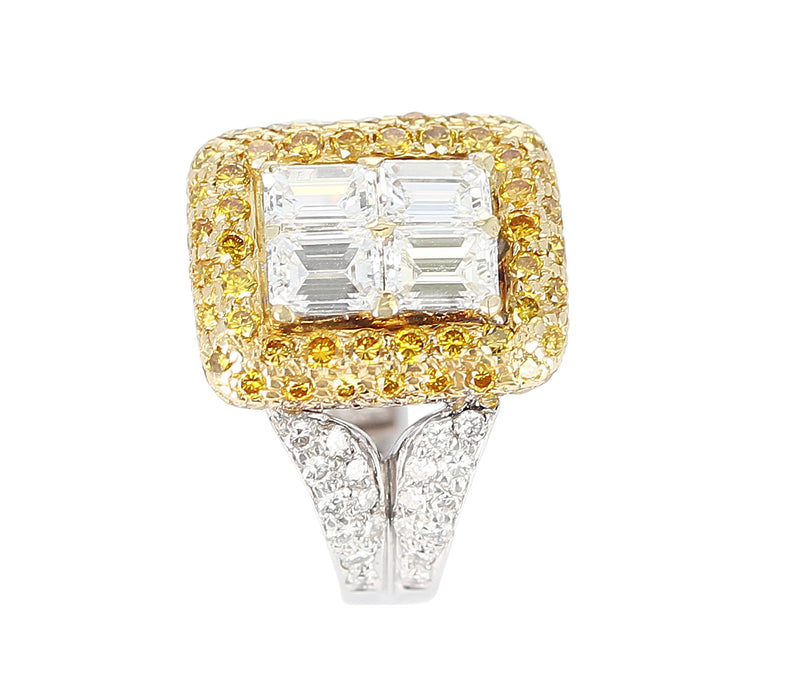 Emerald-Cut Diamond Engagement Ring with Pave Yellow Diamonds and White Diamonds, 18K Gold