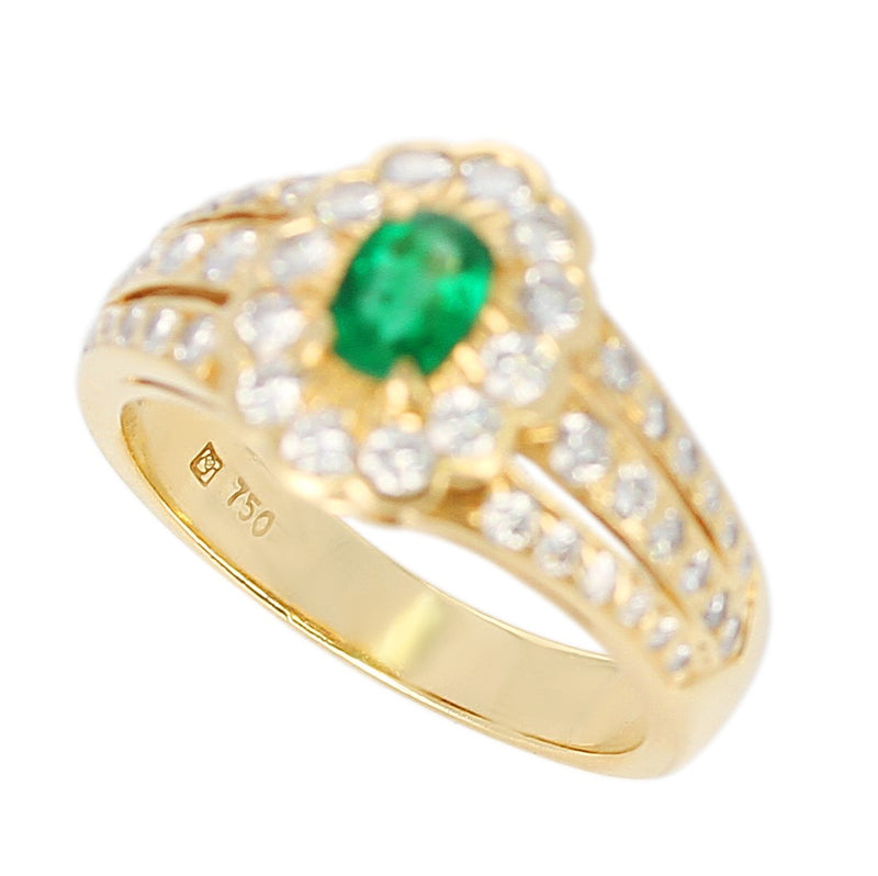 Vintage Inspired Floral Emerald and Diamond Ring, 18K Yellow Gold