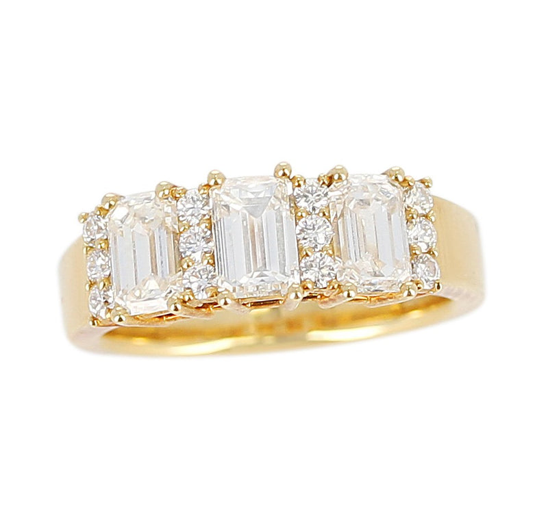 Three Emerald-Cut Diamond Band with Round Diamonds, 18K Yellow Gold