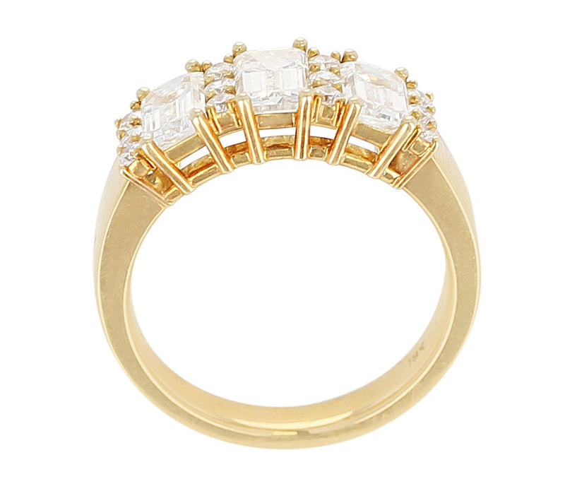 Three Emerald-Cut Diamond Band with Round Diamonds, 18K Yellow Gold