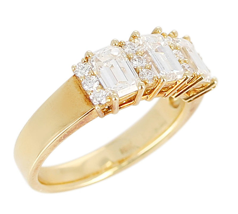 Three Emerald-Cut Diamond Band with Round Diamonds, 18K Yellow Gold