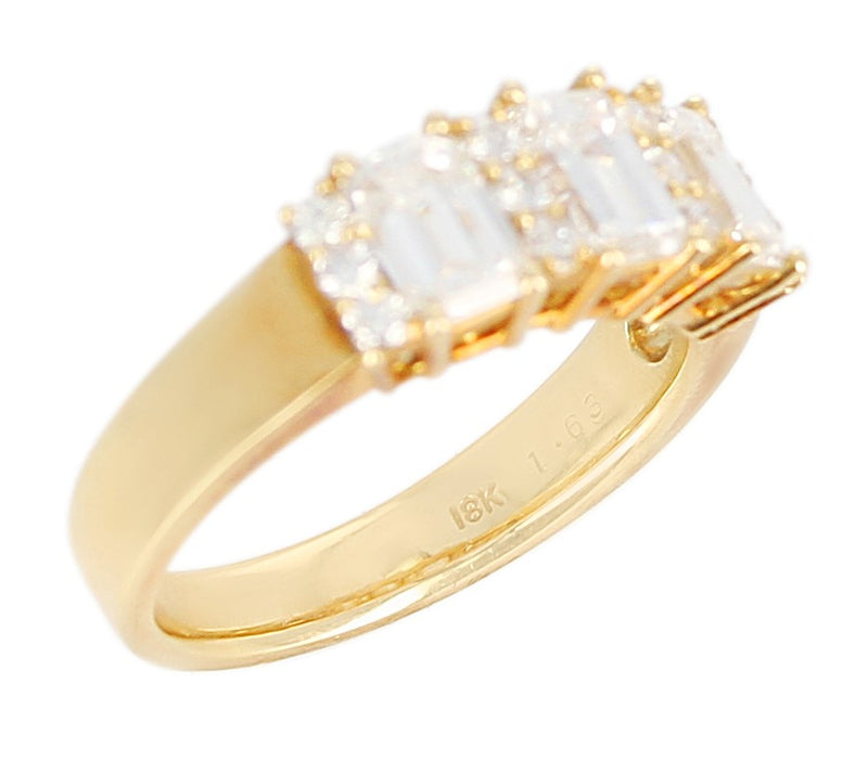 Three Emerald-Cut Diamond Band with Round Diamonds, 18K Yellow Gold