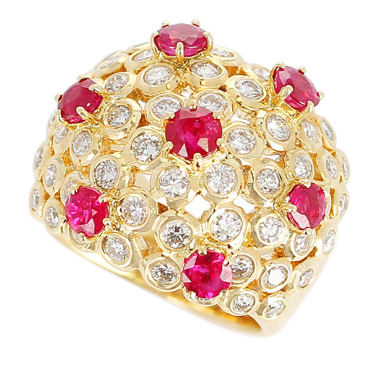 Ruby and Diamond Cocktail Cluster Ring, 18K Yellow Gold