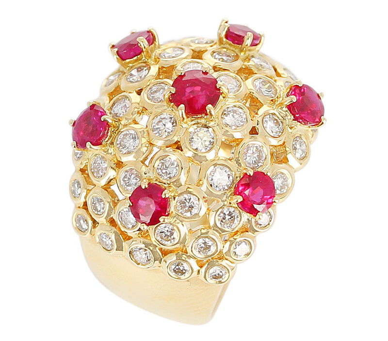 Ruby and Diamond Cocktail Cluster Ring, 18K Yellow Gold