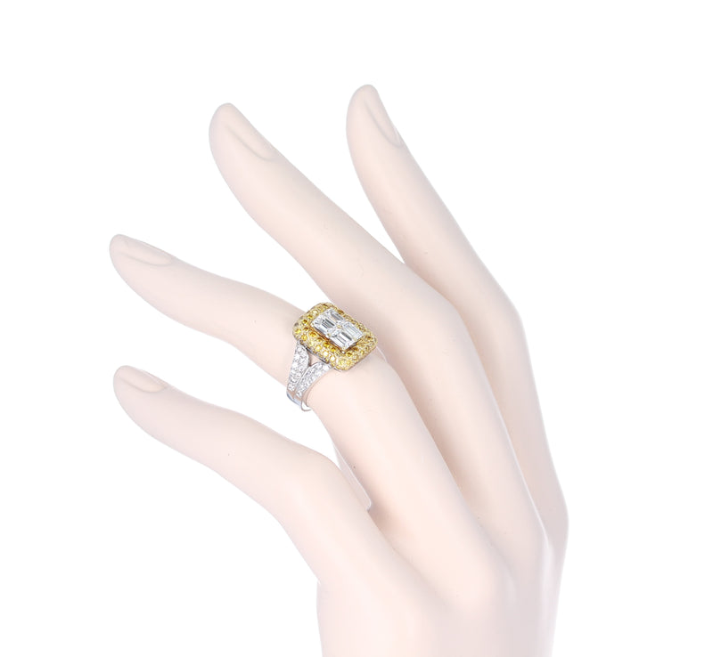 Emerald-Cut Diamond Engagement Ring with Pave Yellow Diamonds and White Diamonds, 18K Gold