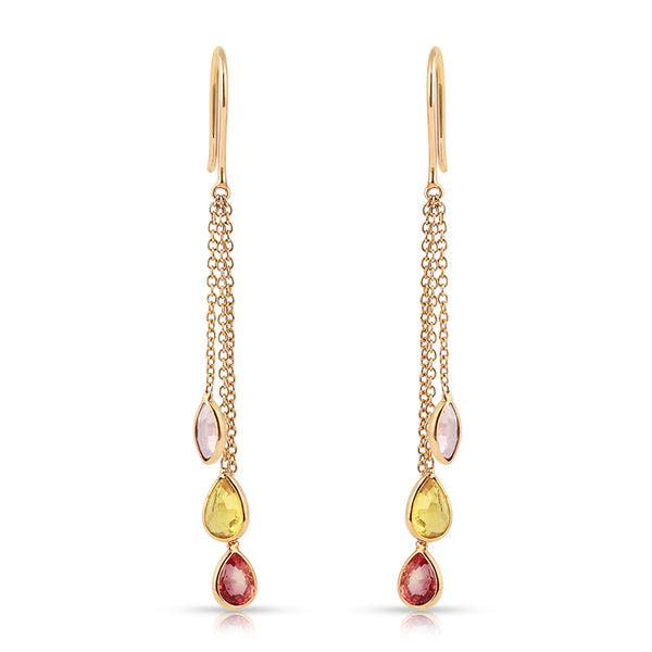 Multi Sapphire Pear Shape Dangling Earrings made in 18 Karat Yellow Gold.