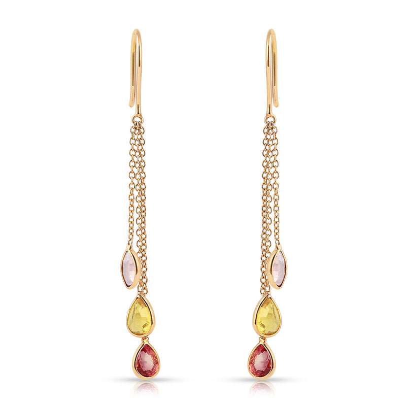 Multi Sapphire Pear Shape Dangling Earrings made in 18 Karat Yellow Gold.