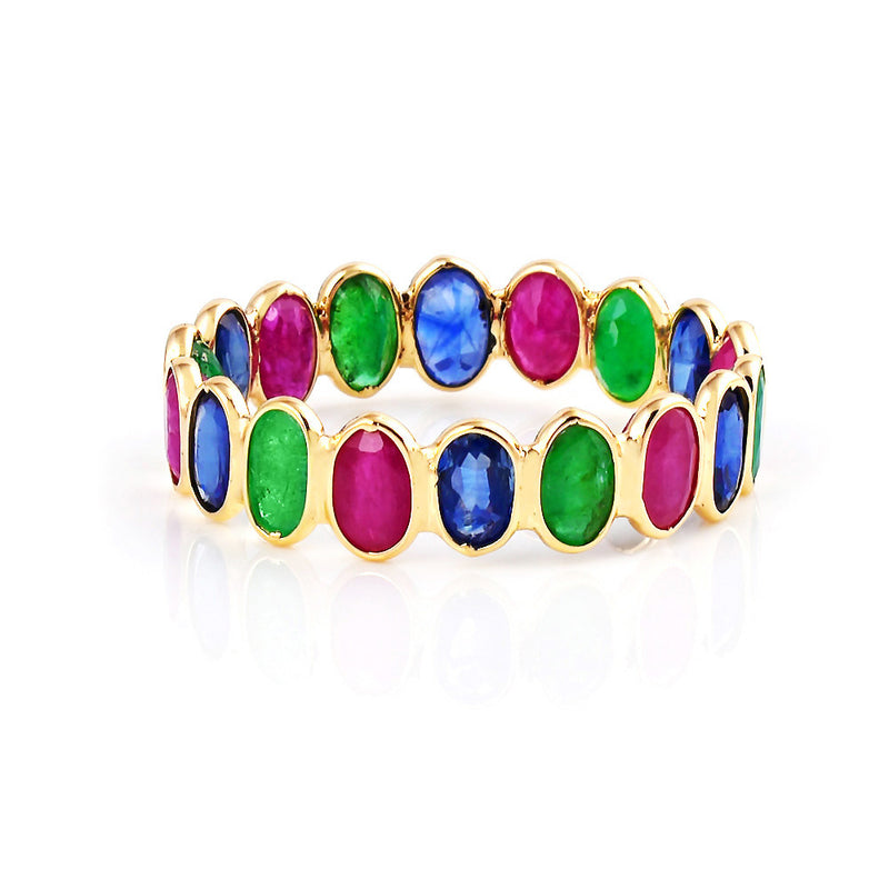 Oval Ruby, Sapphire and Emerald, 18K Yellow Gold Ring Band