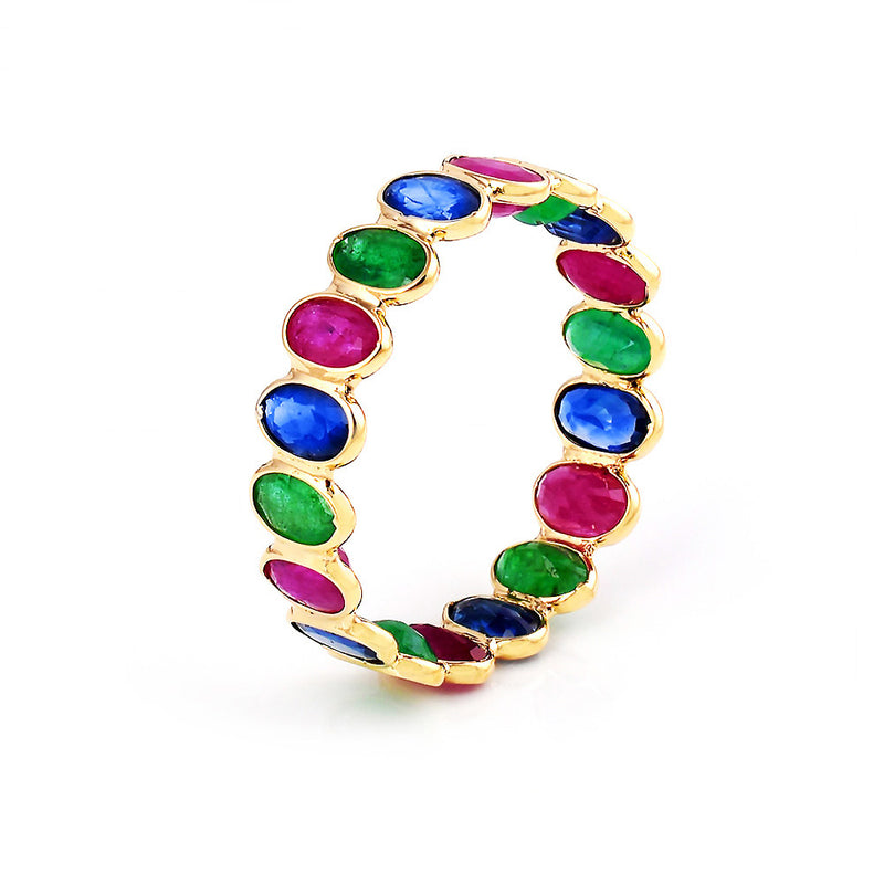 Oval Ruby, Sapphire and Emerald, 18K Yellow Gold Ring Band