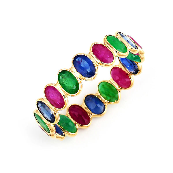 Oval Ruby, Sapphire and Emerald, 18K Yellow Gold Ring Band