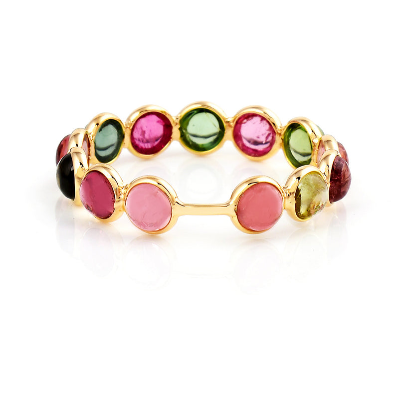 Single Line Round Tourmaline Cabochon Band, 18K Yellow Gold