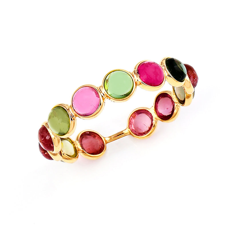 Single Line Round Tourmaline Cabochon Band, 18K Yellow Gold