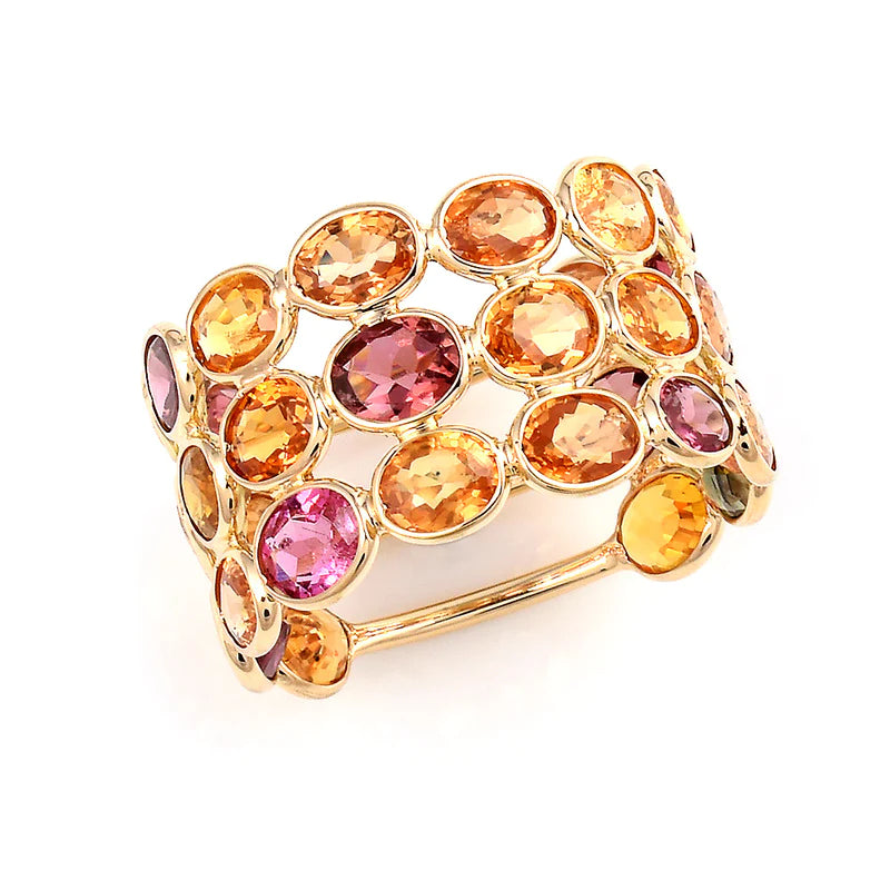 Triple Line Oval Gemstone Stackable Band, Yellow Gold