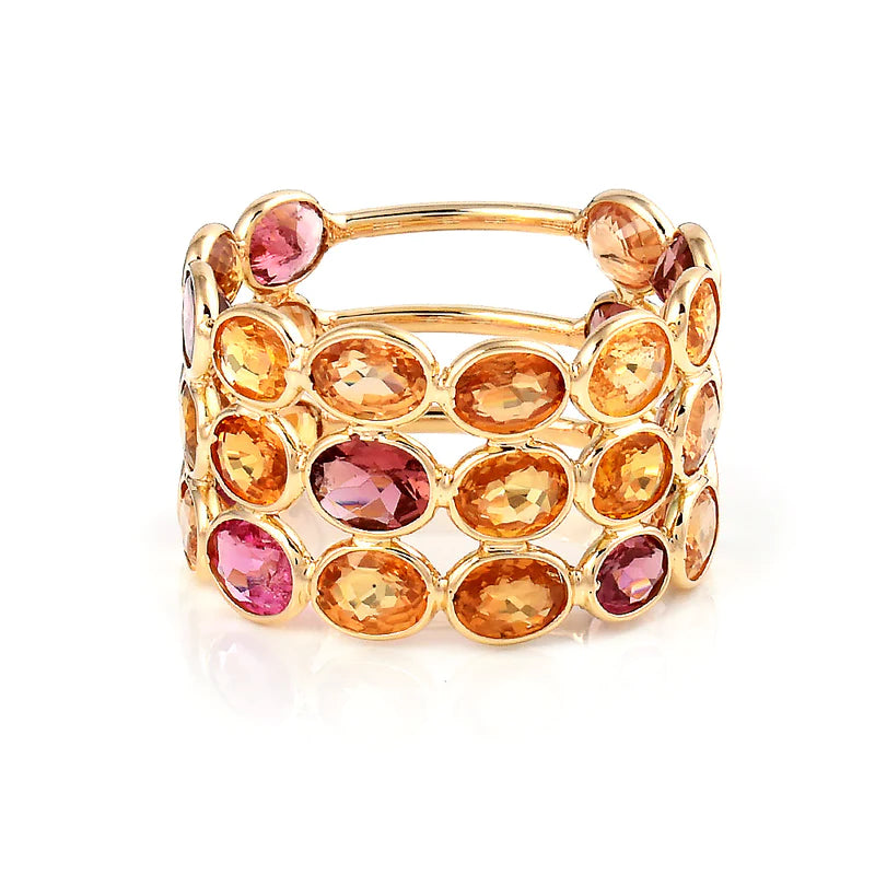 Triple Line Oval Gemstone Stackable Band, Yellow Gold