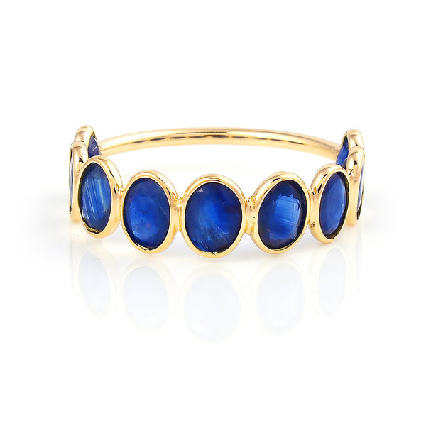 Seven Blue Sapphire Oval Shape Ring Band, 18k Yellow Gold