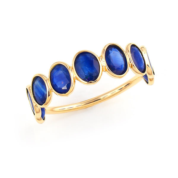 Seven Blue Sapphire Oval Shape Ring Band, 18k Yellow Gold