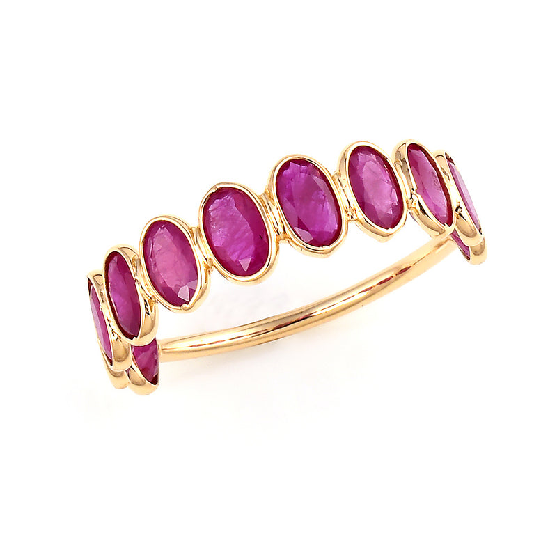 Ruby Oval Shape Ring Band, 18k Yellow Gold