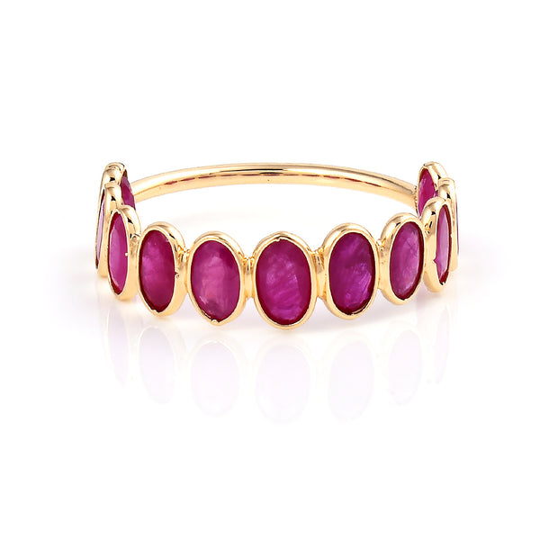 Ruby Oval Shape Ring Band, 18k Yellow Gold