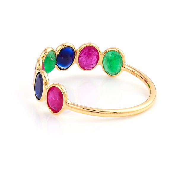 Seven Oval Ruby, Sapphire and Emerald, 18K Yellow Gold Ring Band