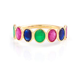 Seven Oval Ruby, Sapphire and Emerald, 18K Yellow Gold Ring Band