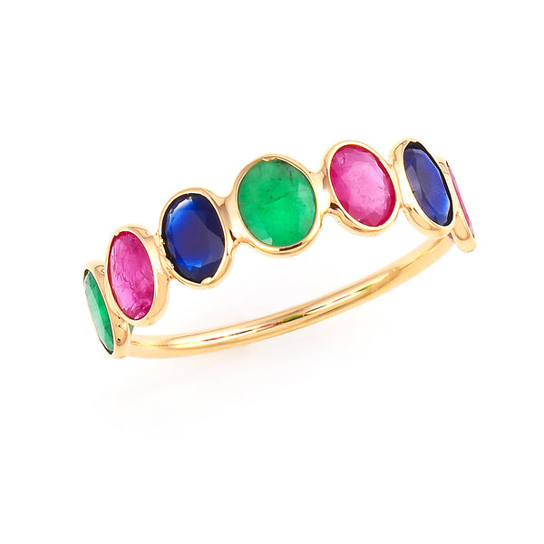 Seven Oval Ruby, Sapphire and Emerald, 18K Yellow Gold Ring Band