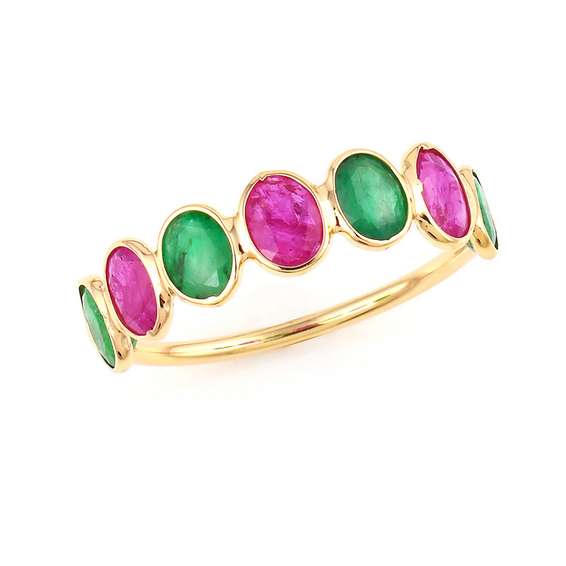 Seven Oval Ruby and Emerald 18K Yellow Gold Ring Band