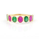 Seven Oval Ruby and Emerald 18K Yellow Gold Ring Band