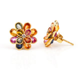 Multi Sapphire Pear Shape Bezel Set Floral Earrings made in 18 Karat Yellow Gold.