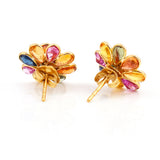 Multi Sapphire Pear Shape Bezel Set Floral Earrings made in 18 Karat Yellow Gold.
