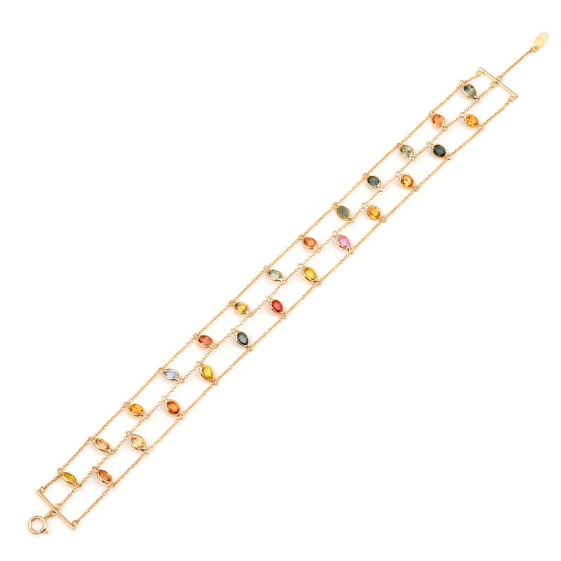 Oval Emerald, Ruby, Sapphire Double Line Adjustable Bracelet, 18k Yellow Gold
