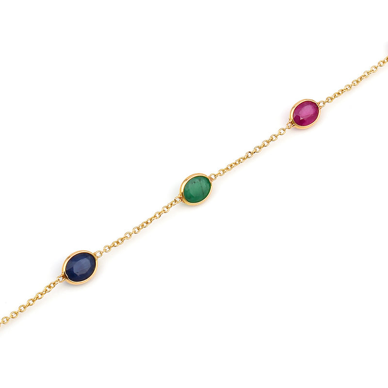 Oval Emerald, Ruby, Sapphire Single Line, 18k Yellow Gold Bracelet