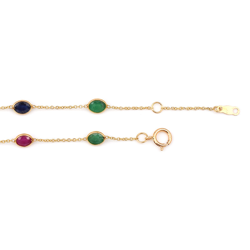 Oval Emerald, Ruby, Sapphire Single Line, 18k Yellow Gold Bracelet