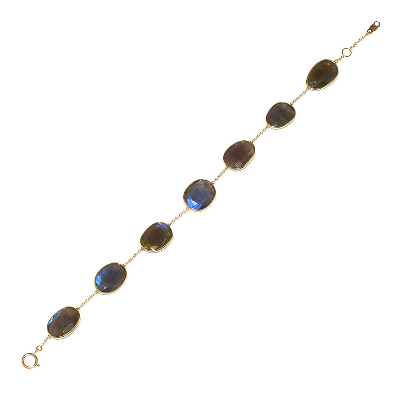 Mixed Shape Labradorite Single Line 18k Yellow Gold Adjustable Bracelet